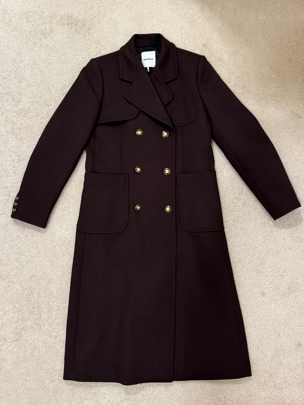 Sandro Women's Double-Breasted Dark Brown Wool Trench Coat
